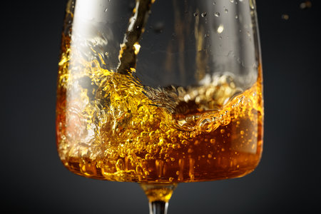 White wine of rich amber color being poured into a glass. White wine splashes in a glass with bubbles. Macro shot.の写真素材