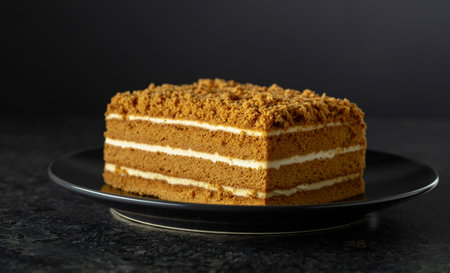 Traditional honey cake on a black background. Copy space.