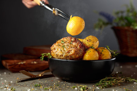Roasted potatoes with cutlet and thyme in black dish on a stone table.の写真素材