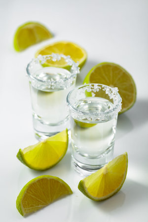 Tequila with salt and lime slices. Tequila shots on a white table.