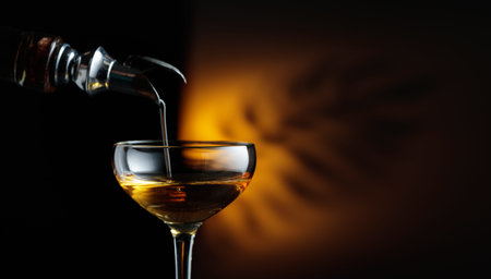 Rum being poured from a bottle into a glass. On a background shadow of palm leaf. Copy space.