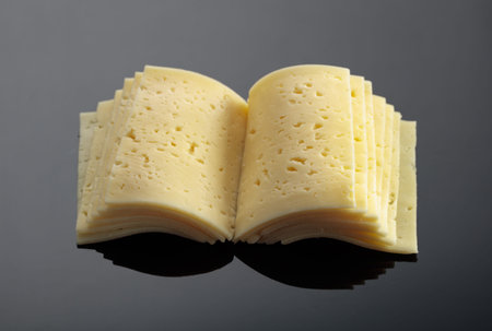 Cheese slices folded like an open book. Cheese on a black reflective background.の写真素材