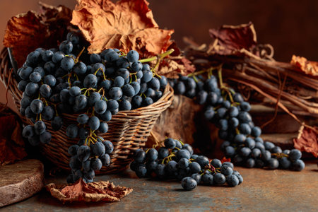 Blue grapes bunch and dried vine leaves on a brown rustic background.の写真素材