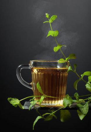 Cup of mint tea and fresh mint sprigs on a black background. Copy space.の写真素材