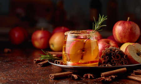 Apple kombucha with apple slices and a rosemary branch. The glass is garnished with sugar and...