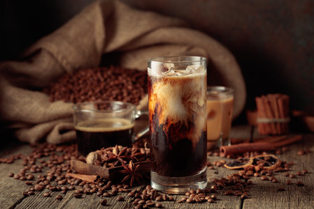 Iced coffee with cream. On an old wooden table lies a bag of roasted coffee beans, and scattered...
