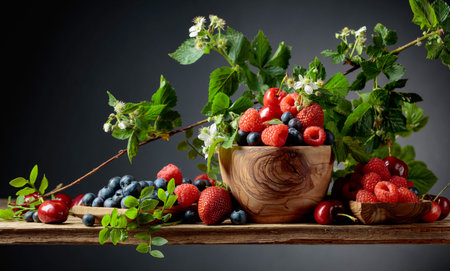 Berries closeup colorful assorted mix of strawberry, blueberry, raspberry and sweet cherry on an old...