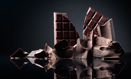 A broken chocolate bar and pieces of dark chocolate on a black reflective background. Copy space.