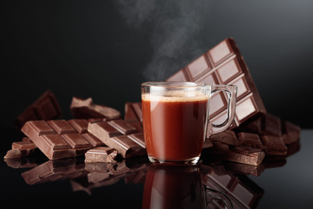 Glass mug of hot chocolate and broken bitter chocolate bar. Black reflective background with copy...