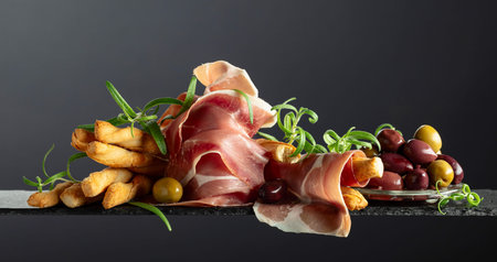 Prosciutto with bread sticks, olives, and rosemary on a black background. Traditional Italian...