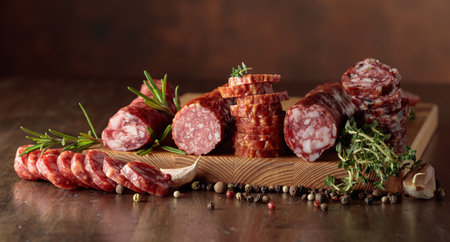 Sliced dry cured sausages with peppercorns, thyme, rosemary, and garlic on a brown background.