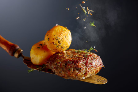 Roasted potatoes with cutlet sprinkled with sea salt and mixture of herbs and spices. Copy space.
