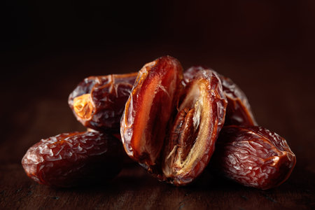 Dates fruit on a wooden table. A cut date with a stone. The rich texture inside the ripe, sweet...