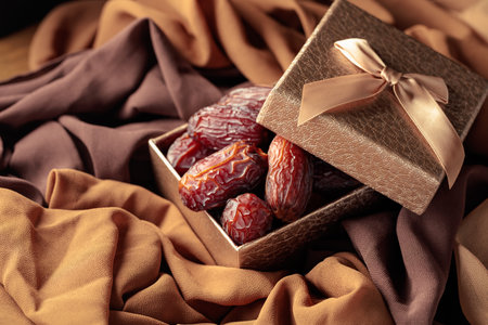 Dates fruits in golden gift box. Traditional Arabic healthy food.