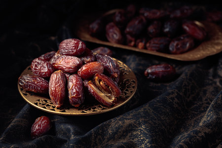 Dates fruits in a golden bowl on black fabric with gold ornamentation. Traditional Arab healthy...