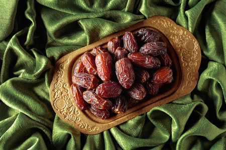 Dates on a golden platter are a symbol of generosity and ancient traditions in the Arab world. These...