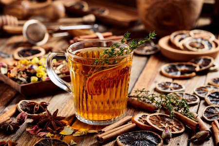 Herbal tea with thyme and dried citrus. Cup of herbal tea with ingredients and spices on an old wooden table.の写真素材