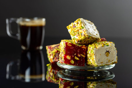 Turkish delights with pistachio and black coffee on a black reflective background.