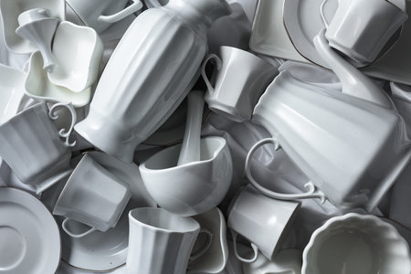 Various white ceramic kitchenware on white fabric. Top view.