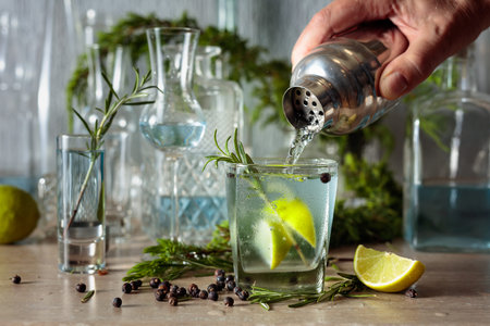 A gin and tonic cocktail is poured from a shaker into a chilled glass with ice and lime wedges. Juniper berries and rosemary sprigs are scattered on the table.