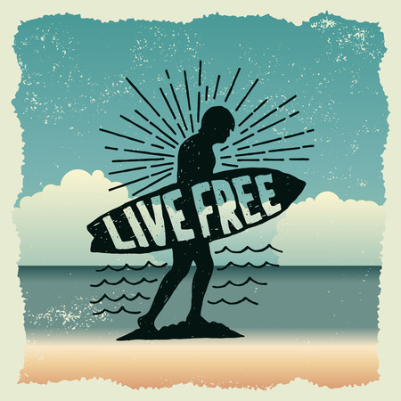 hand drawn typography poster with surfer. live free. artwork for wear. vector inspirational illustration on beach backgroundのイラスト素材