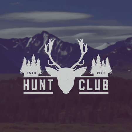 vector hunting club emblem with grunge texture on mountain landscape backgroundのイラスト素材