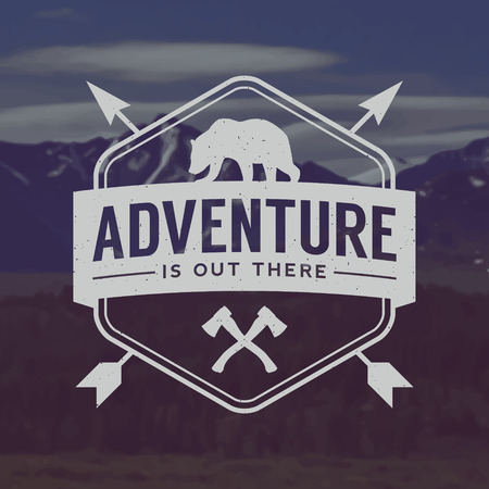 vector outdoor adventure emblem. outdoor activity symbol with grunge texture on mountain landscape backgroundのイラスト素材