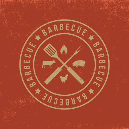barbecue badge on red  grunge backgroundのイラスト素材