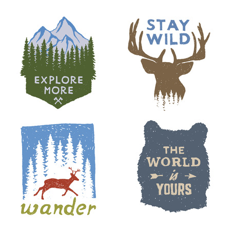 set of wilderness hand drawn typography posters, emblems and quotes. artworks for hipster wear. vector Inspirational illustrationのイラスト素材