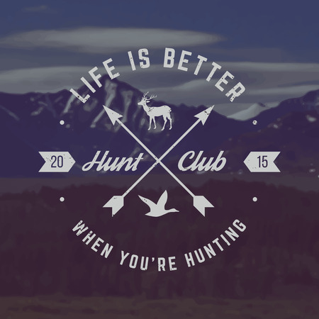 vector hunting club emblem with grunge texture on mountain landscape backgroundのイラスト素材
