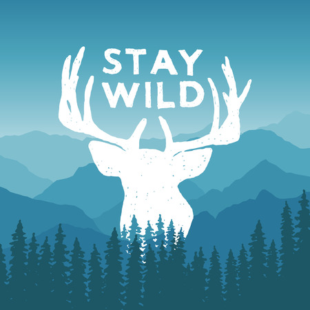 hand drawn wilderness typography poster with deer and pine trees. stay wild. artwork for hipster wear. vector Inspirational illustration on mountain backgroundのイラスト素材