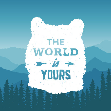 hand drawn wilderness typography poster with bear and arrow. the world is yours. artwork for hipster wear. vector Inspirational illustration on mountain backgroundのイラスト素材