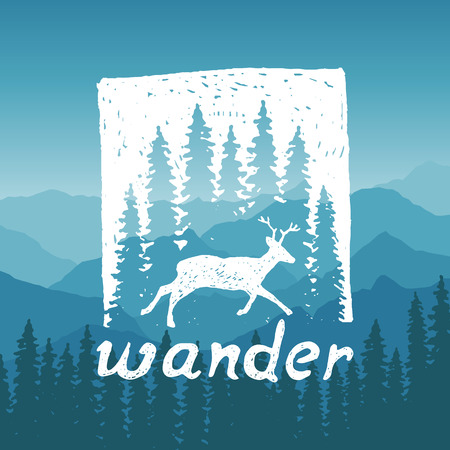 hand drawn wilderness typography poster with deer and pine trees. wander. artwork for hipster wear. vector Inspirational illustration on mountain backgroundのイラスト素材