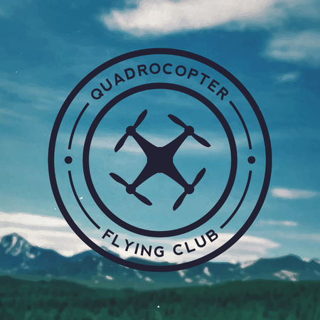 quadrocopter flying club emblem on mountain landscape background