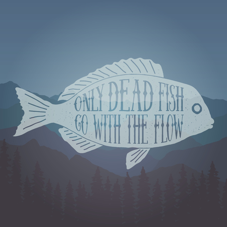 Hand drawn vintage label with textured fish only dead fish go with the flow lettering artwork for t-shirt or bag printのイラスト素材