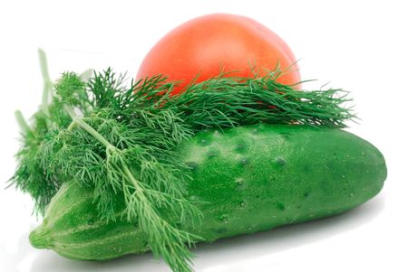 The cucumber, tomato and dill on white backgroundの写真素材