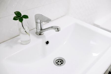 White and clean bathroom. White washbasin with a green plant in a vase. Conceptual photoの写真素材