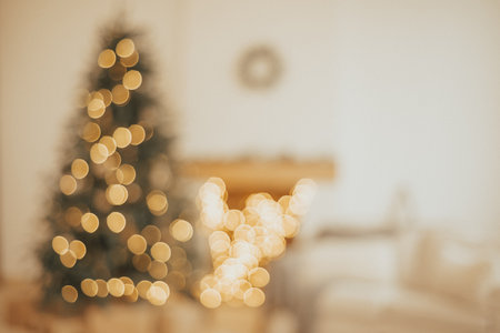 New Year background. Christmas Room Interior Design, Xmas Tree Decorated By Lights Presents Gifts Toys, Candles And Garland Lighting Indoorsの写真素材