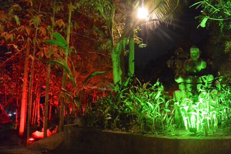Sculpture of a Buddha sitting in a colorful forest, Sihanoukville, Cambodiaの写真素材