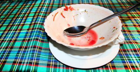 Empty plate after Russian beetroot soup BORSCHの写真素材