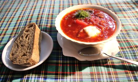 Russian beetroot soup BORSCH with sour cream and bread