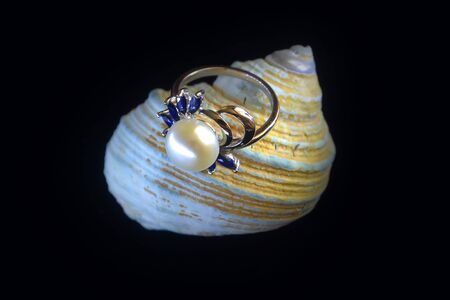 Ring Natural Pearls Sapphires Silver Exclusiveの写真素材
