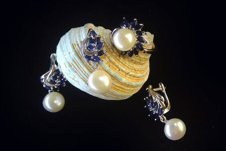 Pendant Earrings Ring Natural Pearls Sapphires Silver Exclusiveの写真素材