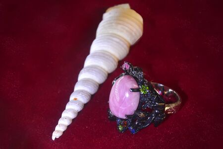 Ring silver black rhodium Ruby cabochon sapphire chrome Exclusiveの写真素材