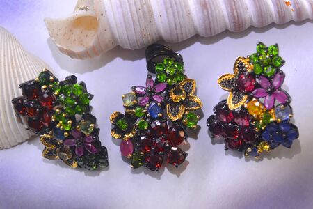 36 Earrings Pendant, Silver Rhodium Chromdiopside Ruby Sapphireの写真素材