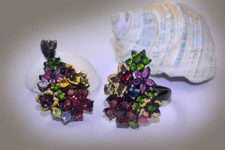 32 Ring pendant Silver Rhodium Chrome diopside Ruby Sapphireの写真素材
