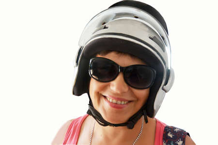 Woman in motorcycle helmet, sunglasses and protective mask 2の写真素材