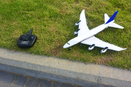 RC model of a passenger plane with a control unitの写真素材