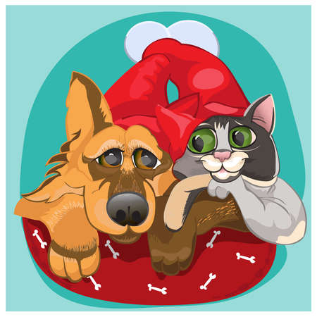 Cat and dog waiting for new year and tasty food.Vectorのイラスト素材