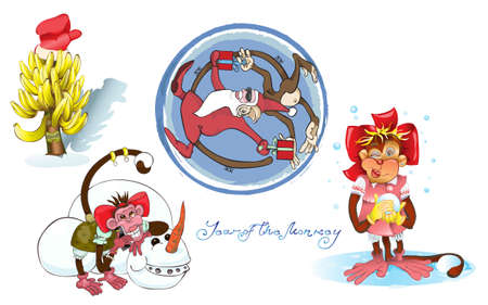 Cheerful monkeys with Santa and bananas.vector illustrationのイラスト素材